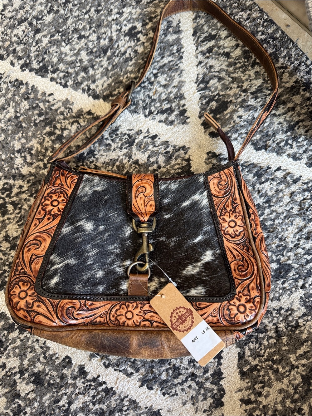 Source Unknown Brown Tooled Leather Shoulder Bag with Black & White Cowhide